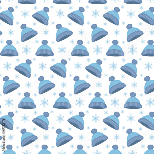 Seamless pattern for packaging and wrapping paper. Blue warm knitted hat with pompom. Blue snowflakes on white background. Vector illustration. Print for gift bag. Cozy winter and walks.