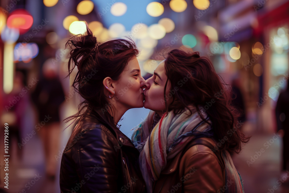 Young European women kissing in a vibrant city street at night, LGTB Young European women kissing in a vibrant city street at night, LGTB