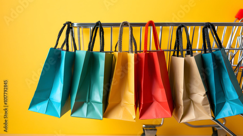 Small paper multi color shopping bags with shopping cart on yellow background, with copy space