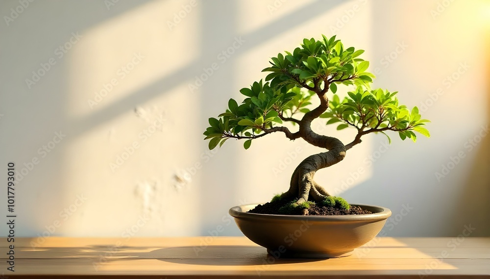 An elegant bonsai tree in a shallow bowl against a textured white wall, with a warm sunset light filtering through a window An elegant bonsai tree in a shallow bowl against a textured white wall, with a warm sunset light filtering through a window