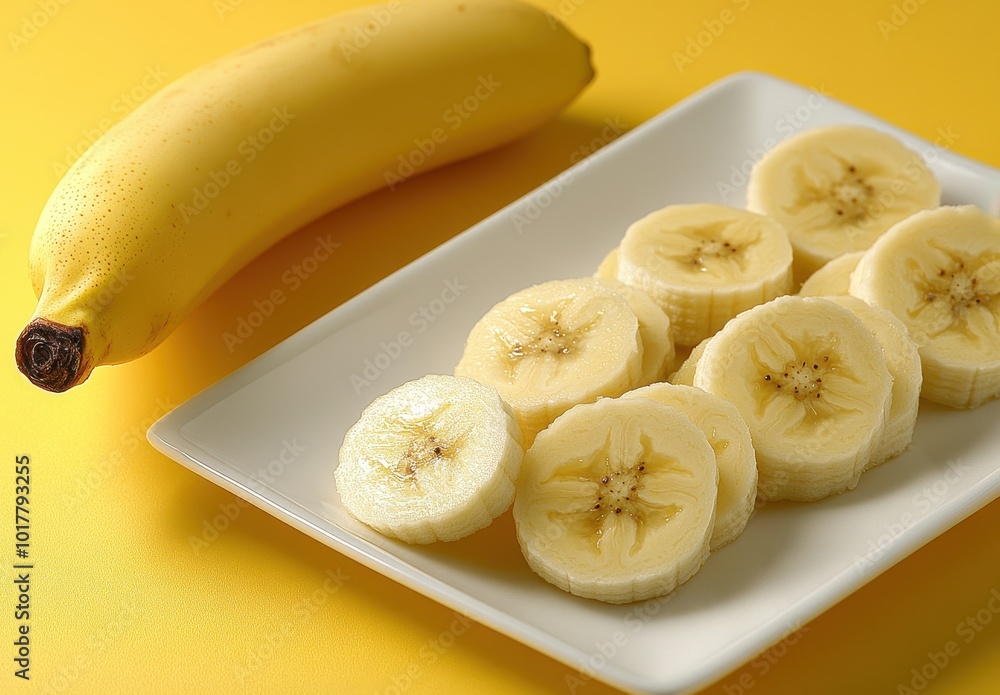 A plate of sliced bananas on the right side, next to it is an uneven, pretty yellow background. The bananas are cut into round slices, and a whole banana is in view. A plate of sliced bananas on the right side, next to it is an uneven, pretty yellow background. The bananas are cut into round slices, and a whole banana is in view.