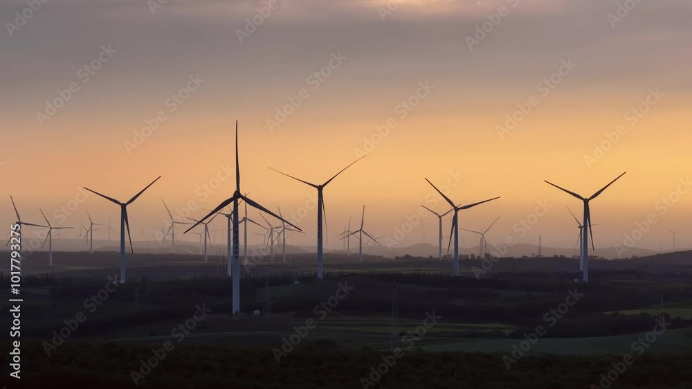 view of wind power station in field at sunset view of wind power station in field at sunset