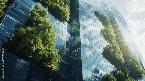 A sustainable glass office building surrounded by trees to help reduce carbon dioxide, embodying eco-friendly design in a modern city.