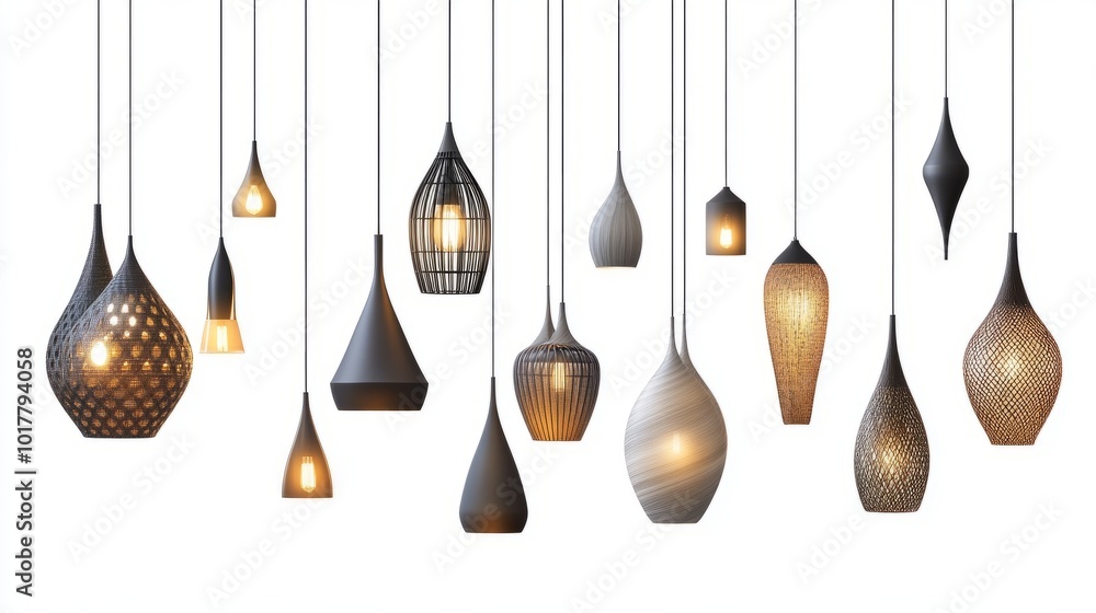 A stylish set of contemporary hanging lamps, varying in shapes and designs, on a white background, ideal for a minimalist lighting banner layout. A stylish set of contemporary hanging lamps, varying in shapes and designs, on a white background, ideal for a minimalist lighting banner layout.