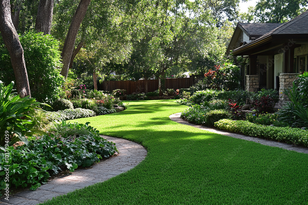 Landscape design. Front yard with lush lawn and beautifully landscaped garden. Generated by artificial intelligence Landscape design. Front yard with lush lawn and beautifully landscaped garden. Generated by artificial intelligence