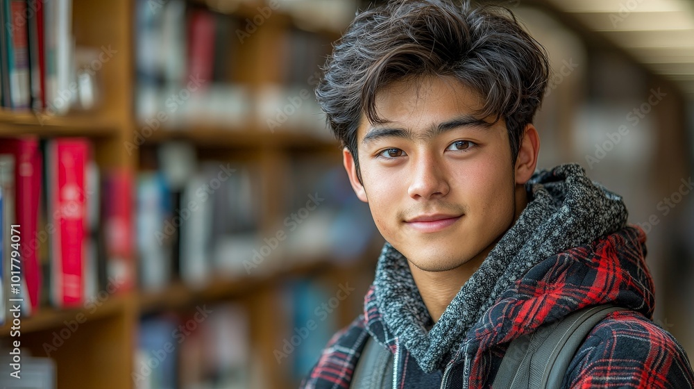 A young man smiling in a library setting, surrounded by books. A young man smiling in a library setting, surrounded by books.