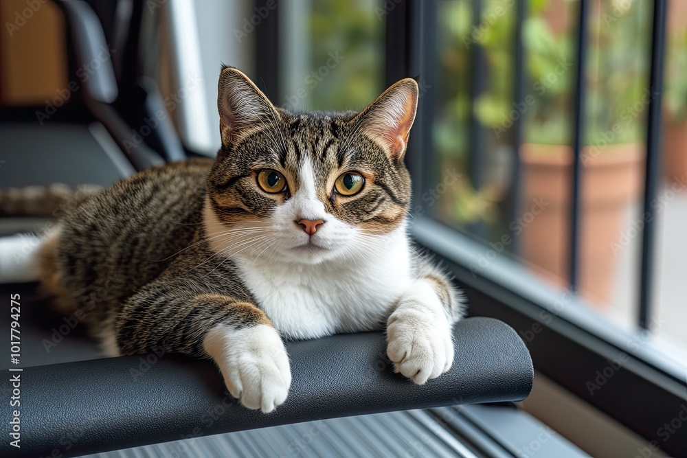 Naklejka premium Cat lounging on a treadmill by a window.