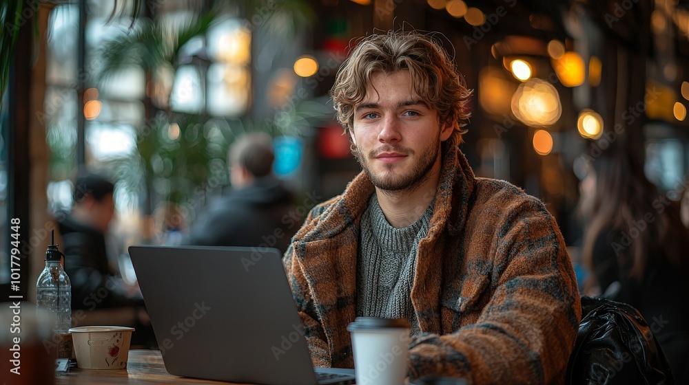 A young man working on a laptop in a cozy café setting. A young man working on a laptop in a cozy café setting.
