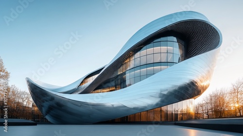 This image captures the captivating facade of modern spiral buildings in Tbilisi, showcasing contrasting patterns and textures, with a striking interplay of light and shadows beneath a clear sky