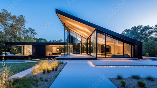 This image highlights the sleek, innovative design of a 21st-century modern house, where geometric forms merge seamlessly with glass elements