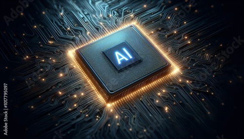 Futuristic illustration of an AI microchip on a circuit board, glowing with high-tech elements. Perfect for concepts related to artificial intelligence, data processing, and advanced technology.