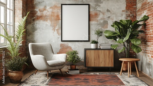 A cozy living room with a large, empty picture frame hanging on a brick wall, a comfy armchair, a side table with plants, and a rug.