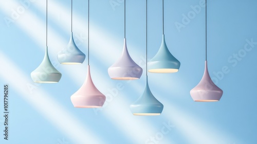 Modern 3D hanging lamps in a variety of colors, suspended on a light blue backdrop with rays of light, ideal for interior design ads or contemporary decor concepts.