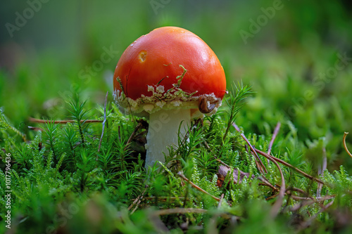 young single fly agaric with moss an the forest floor photo