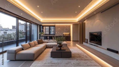 Wallpaper Mural Recessed ceiling with secret LED strip lighting, casting a subtle glow and elevating the modern aesthetic of the room's interior design. Torontodigital.ca