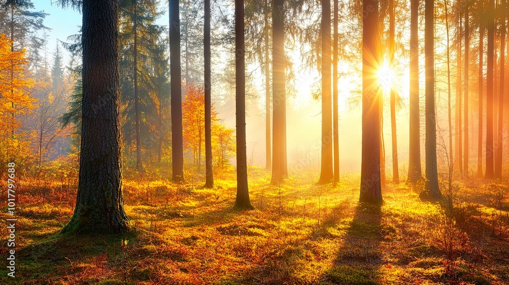 Fototapeta premium Serene forest at sunrise with vibrant autumn colors.