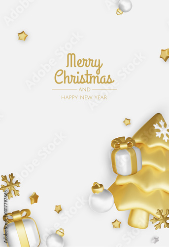 Happy New Year and Merry Christmas. Christmas holiday background with realistic 3d objects,gold and red bauble balls, conical metal stars. Levitation falling design composition.