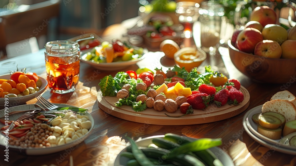 The table offers an array of vibrant fruits, crisp vegetables, and wholesome snacks, promoting healthy eating and nutritious choices. Generative AI The table offers an array of vibrant fruits, crisp vegetables, and wholesome snacks, promoting healthy eating and nutritious choices. Generative AI