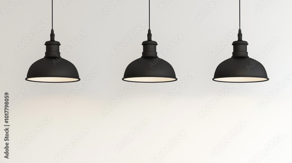 Obraz premium Three black ceiling-mounted pendant lights positioned in front of a pristine white wall, perfect for lighting or design concept mockups. 3D rendering.
