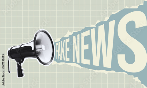 Megaphone Amplifying Fake News and torn paper in Retro Design