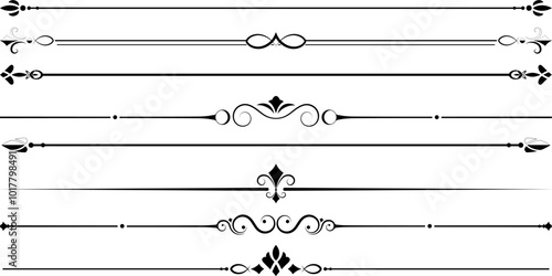 "Set of Elegant Ornamental Divider Lines, Flourish Calligraphic Design Elements for Invitations, Cards, and Page Decoration in Black Outline, Vector Vintage Dividers and Swirl Borders