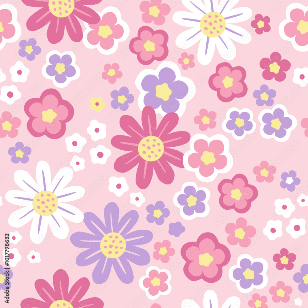 Summer seamless pattern, y2k. Vector hand drawn stylized flowers on pink background Summer seamless pattern, y2k. Vector hand drawn stylized flowers on pink background