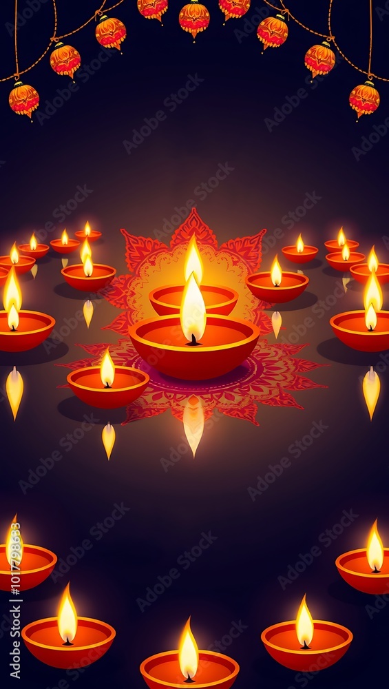 Fototapeta premium Clay Diya lamps lit during Diwali Festival celebration, Happy Diwali