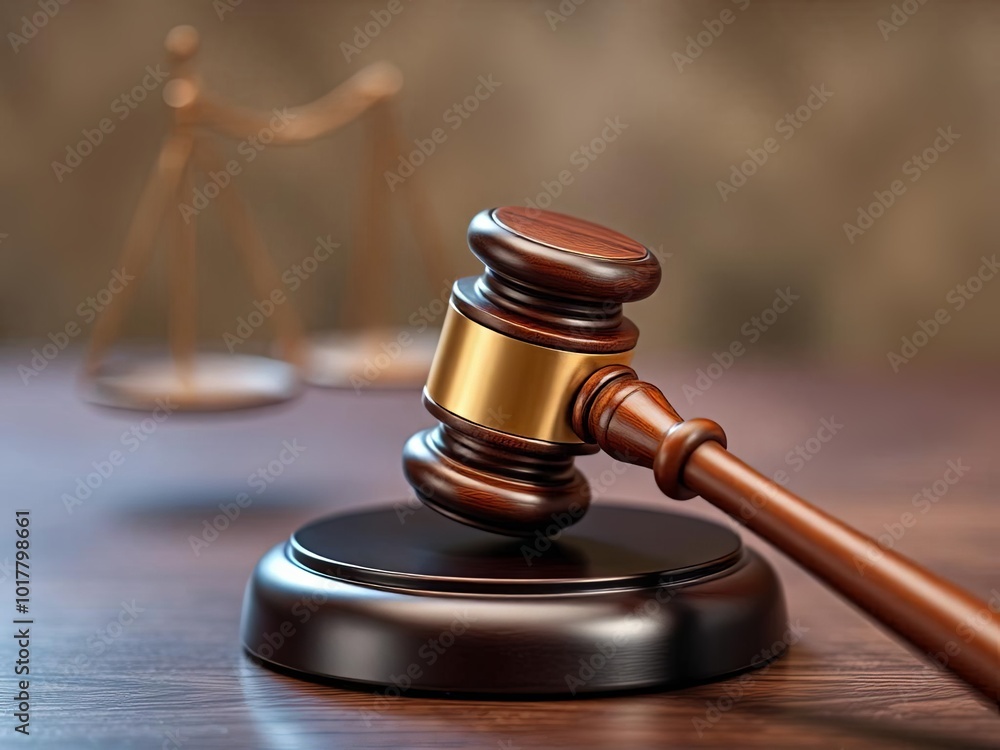 A wooden judges gavel placed on a desk with the scales of justice in the background, symbolizing law, justice, and legal authority. A wooden judges gavel placed on a desk with the scales of justice in the background, symbolizing law, justice, and legal authority.