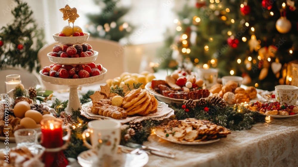 A festive dining table decorated with an array of desserts, fruits, and holiday decorations during a cozy winter celebration A festive dining table decorated with an array of desserts, fruits, and holiday decorations during a cozy winter celebration