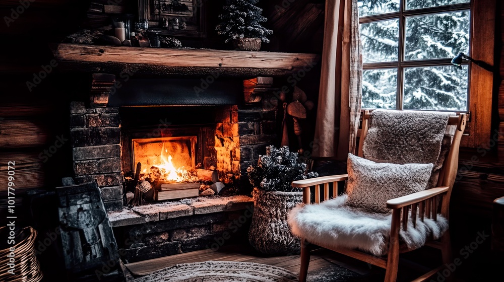 Cozy cabin interior with a warm fireplace. Cozy cabin interior with a warm fireplace.