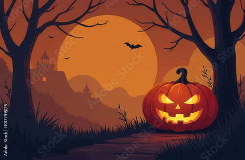 Happy Halloween banner. party invitation with scary house, bats, pumpkin. copy space