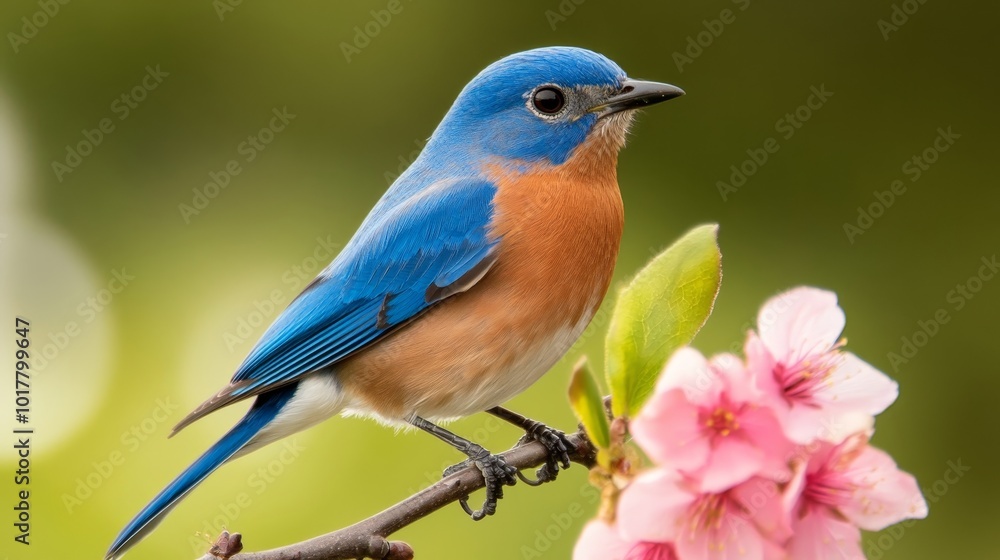 A vibrant bluebird perched on a branch with pink flowers, showcasing nature's beauty and harmony. A vibrant bluebird perched on a branch with pink flowers, showcasing nature's beauty and harmony.