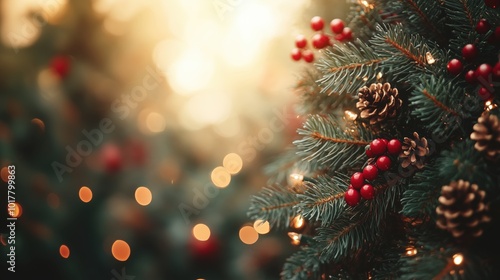 Closeup of branch of the traditional christmass tree decorated with natural cones and red christmass holly. Blurry lights with bokeh effect on the bacground. Large copy space on the left. 