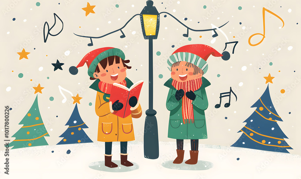 New Year and Christmas card, graphic advertising backgrounds in a doodle 2D illustrator style New Year and Christmas card, graphic advertising backgrounds in a doodle 2D illustrator style