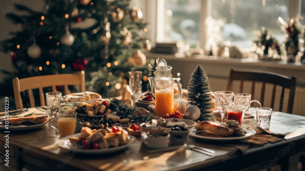 Naklejka premium A beautifully set Christmas breakfast table featuring festive dishes and drinks, surrounded by a decorated tree and winter sunlight