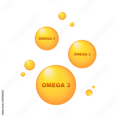 Omega 3 icon. Circle drops. Healthy food additives fatty acid, fish oil Molecule bubbles design. Vector illustration.