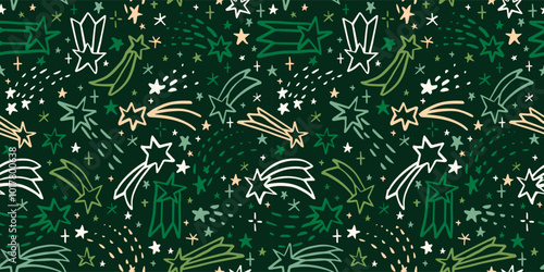 Seamless pattern with Cute doodle  shooting stars.  Hand drawn vector illustration. Naive childish design. Funny Christmas galaxy background, wrapping paper.