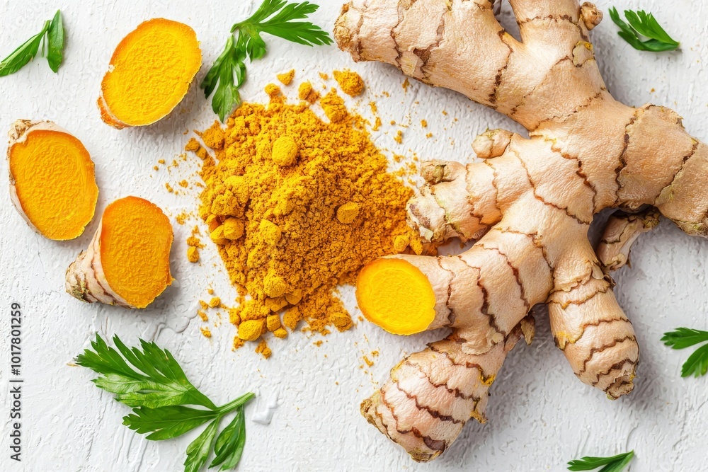 The powder of turmeric root with isolated splashes on a black ...