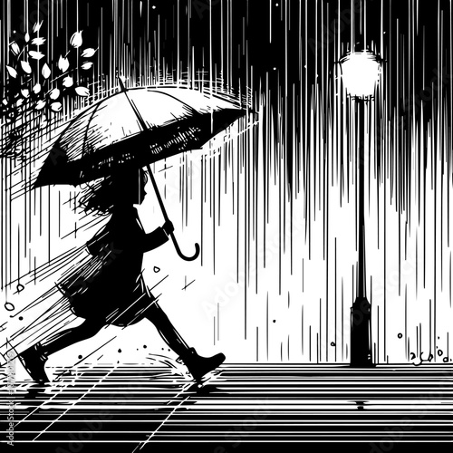 A little girl, wearing a raincoat, is walking in the pouring rain, holding an umbrella. An evening walk in the rain