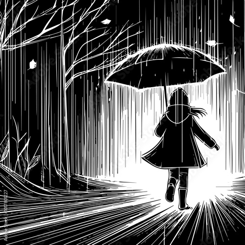 A little girl, wearing a raincoat, is walking in the pouring rain, holding an umbrella. An evening walk in the rain