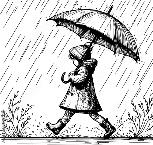 A little girl, wearing a raincoat, is walking in the pouring rain, holding an umbrella. A kindergarten age girl is happily skipping through the rain, holding an umbrella.