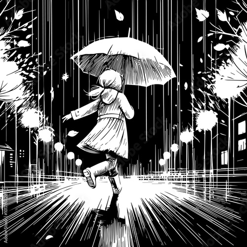 A little girl, wearing a raincoat, is walking in the pouring rain, holding an umbrella. An evening walk in the rain