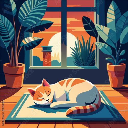 cat sleeping on a rug
