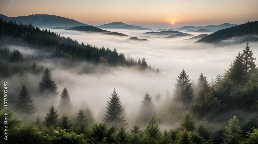 fog-shrouded forest at sunrise, sunset fog-shrouded forest at sunrise, sunset