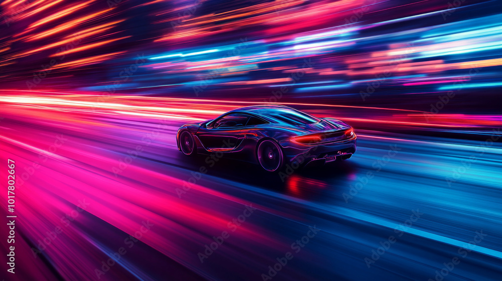 A car is driving down a road with a bright neon light in the background A car is driving down a road with a bright neon light in the background
