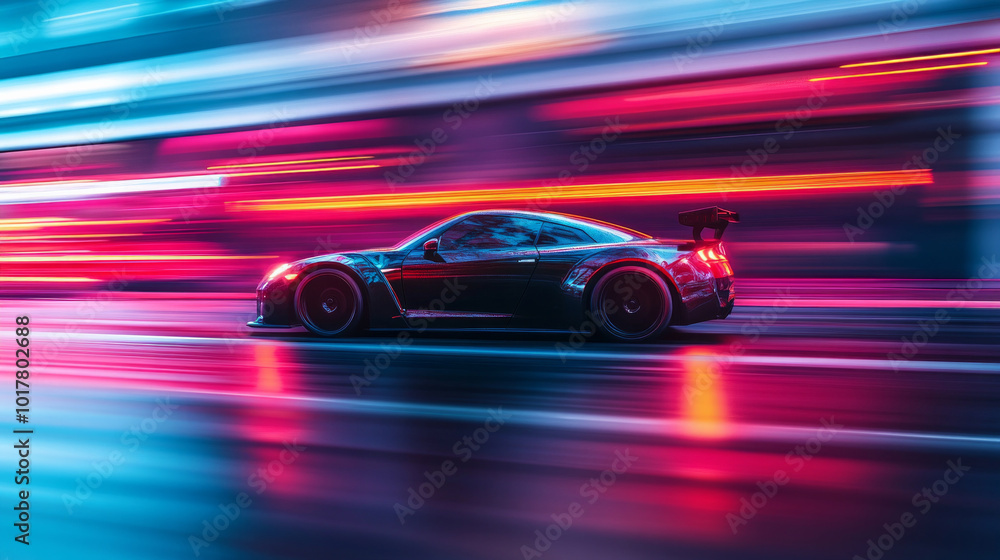 A car is driving down a wet road with a bright neon sign in the background