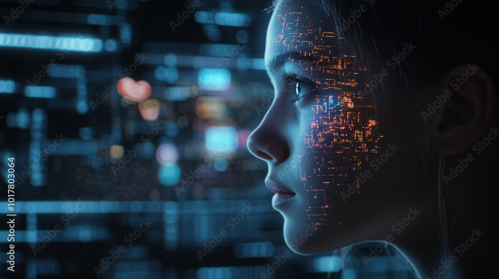 A woman's face is projected onto a computer screen A woman's face is projected onto a computer screen