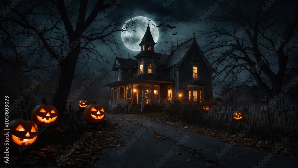 spooky pumpkin house with scary halloween pumpkins in the forest