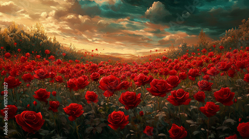 Fototapeta Naklejka Na Ścianę i Meble -  A field of red roses with a cloudy sky in the background