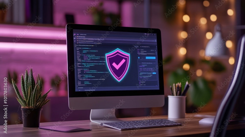 Computer monitor displaying cybersecurity software on a vibrant desk with plants and ambient lighting. Computer monitor displaying cybersecurity software on a vibrant desk with plants and ambient lighting.